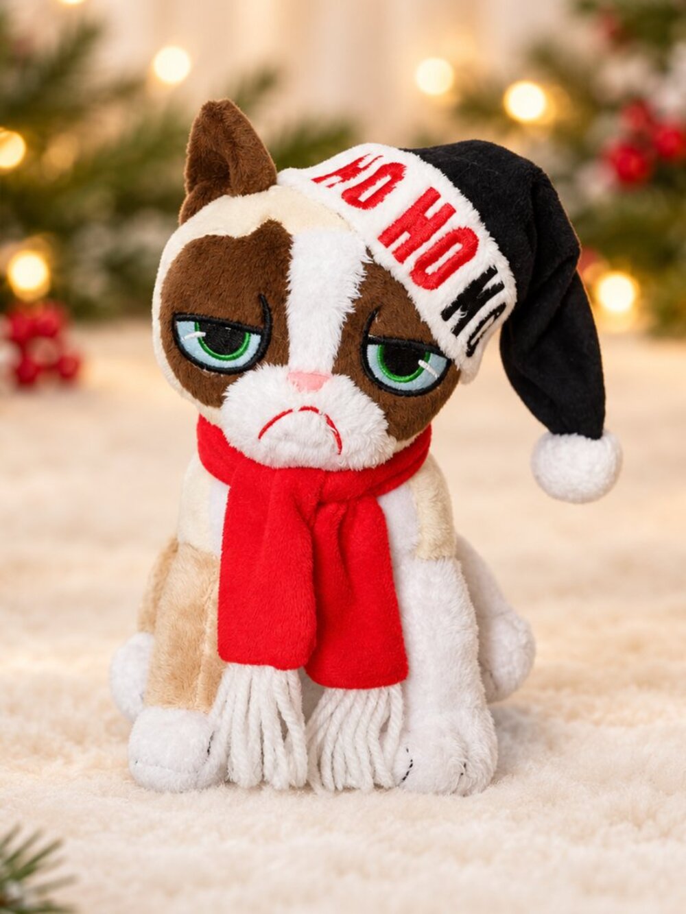 Grumpy Cat 7” Christmas Plush Santa Hat & Red Scarf Stuffed Animal